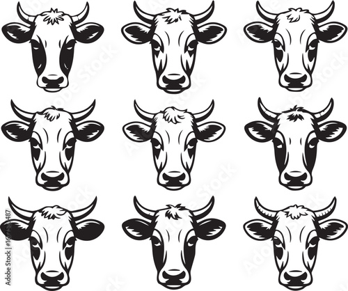 farm animal cow head pattern vector nine unique headshots black and white artwork ai eps png perfect for logo marketing