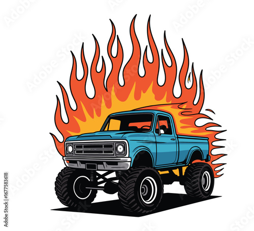 Ghost flames shooting from monster truck exhaust in black and white isolated halloween vector illustration
