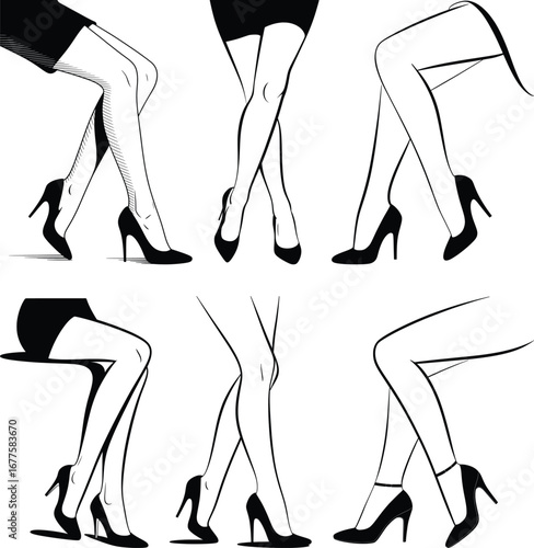 Stylish Women’s Legs in High Heels Silhouette Poses Illustration.