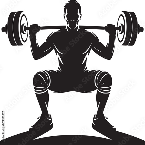 Silhouette of a man squatting with a barbell on his shoulders in a weightlifting exercise pose