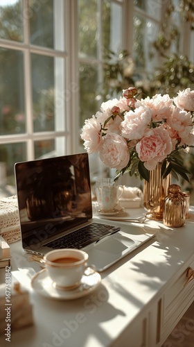 Elegant Workspace With Laptop, Coffee, and Pink Peonies in Cozy Natural Light.