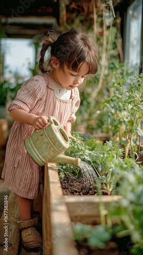 Young Girl Watering Plants in a Greenhouse During a Sunny Afternoon
