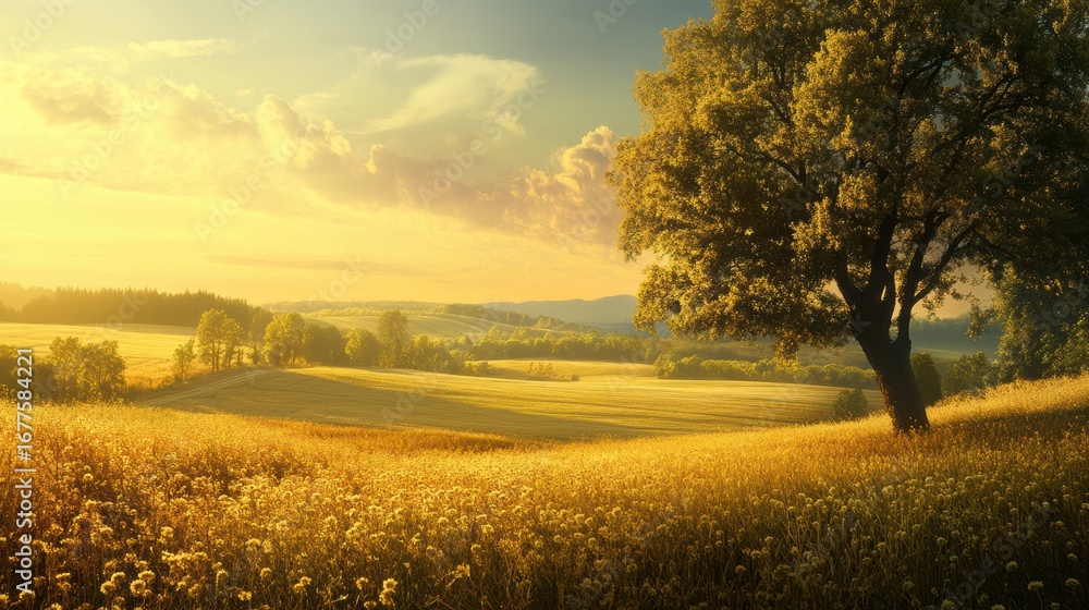 Obraz premium A serene landscape featuring a golden field and a solitary tree under a vibrant sky, capturing the beauty of nature at sunset.