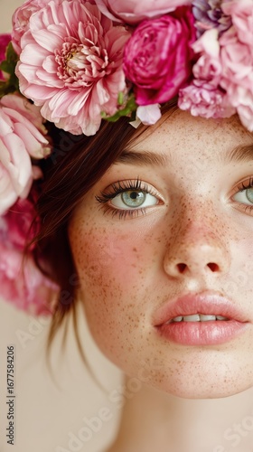 Young Woman With Flowers in Hair Gazes Thoughtfully While Showcasing Natural ...