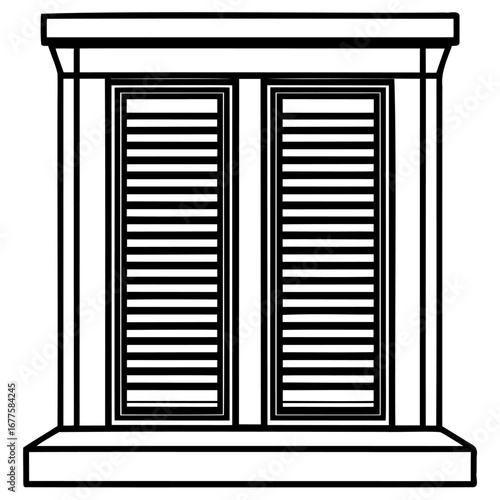 Classic black and white illustration of shuttered window with columns