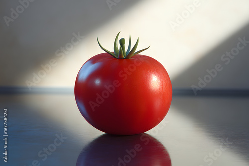 Single Ripe Red Tomato on Reflective Surface with Dramatic Lighting