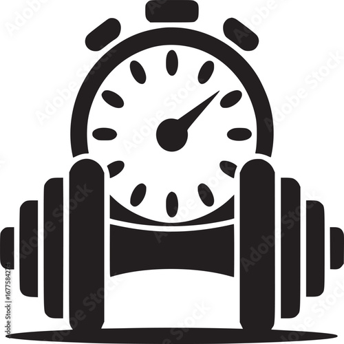Black and white graphic of a dumbbell with a stopwatch on top isolated on a white background