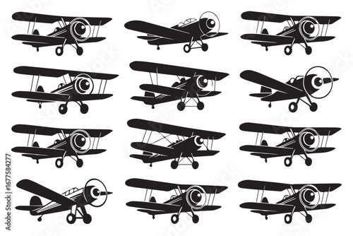 vintage aircraft biplane icon silhouette pack vector ai eps jpeg png 12 variants for aviation design illustration