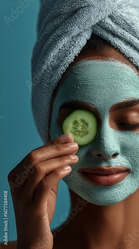 Spa Day for Relaxation With Facial Treatment and Cucumber Slice on Eyes in Br...