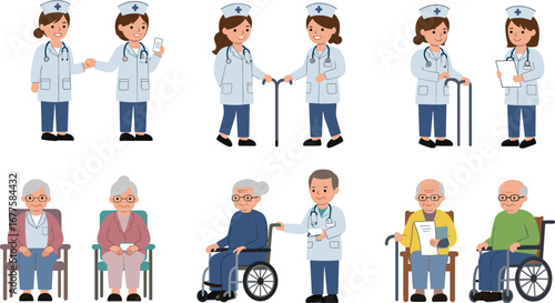 Nurses helping elderly patients with medical care, wheelchair support, and health checkups in hospital, healthcare, and senior assistance vector illustration.