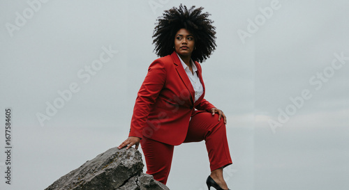 Confident black woman in red suit posing on rock against cloudy sky  