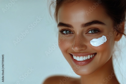 Smiling Woman Applying Skincare Cream on Her Face in a Bright Indoor Environment