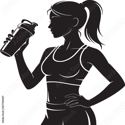 Silhouette of woman in sports bra holding a protein shake bottle against a white background image