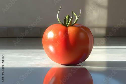 Single Ripe Tomato on Reflective Surface