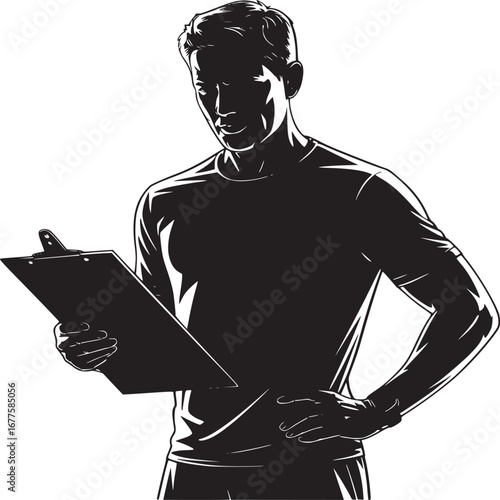 Silhouette of a man holding a clipboard with his hand on his hip against a white background