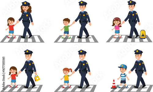 Police officers helping children safely cross the street at pedestrian crosswalk, road safety awareness, traffic education and child protection illustration.