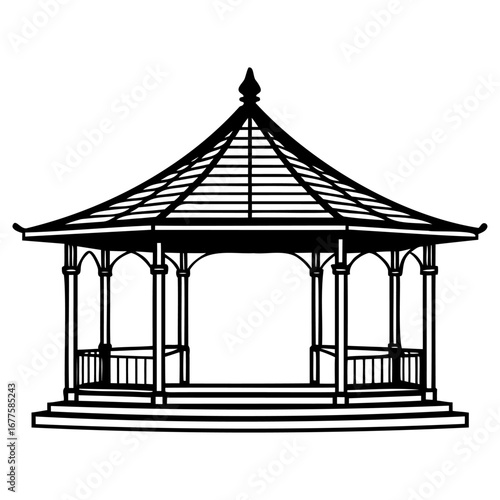 Traditional asian gazebo pavilion line art illustration