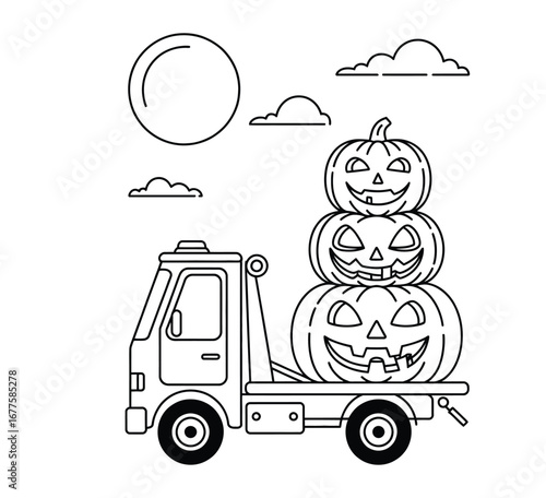 Tow truck carrying jack-o’-lantern pumpkin load isolated on black and white background