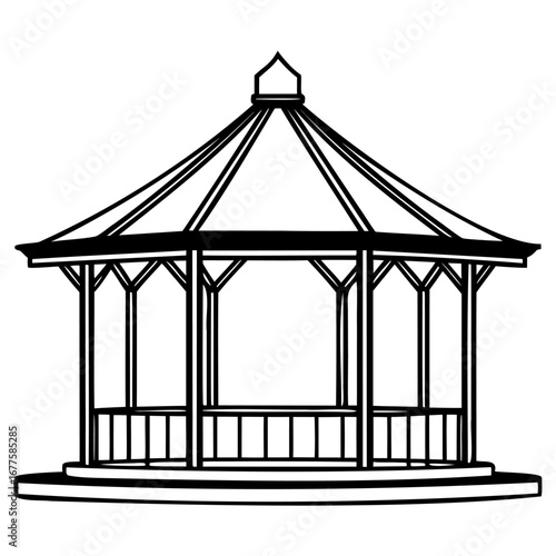 Illustration of an octagonal gazebo with detailed railing and roof
