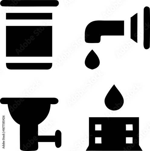 Plumbing fixtures icons set, water tap dripping, sink, and drain, for home repair and sanitation
