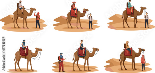 Tourists riding camels in desert safari, cultural travel experience, exploring sand dunes, adventure tourism, guided journey, and vacation trip illustration.