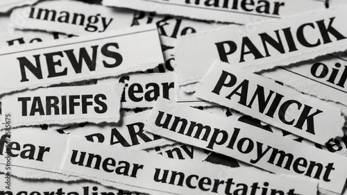 Close up of torn newspaper headlines showing words like panic tariffs and unemployment news fear