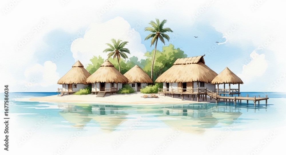 Fototapeta premium Idyllic tropical island resort with thatched-roof bungalows over crystal clear turquoise water.