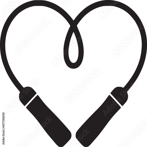 A black and white graphic of a jump rope formed into a heart shape on a white isolated background