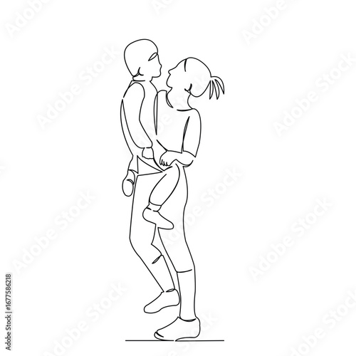 One continuous single drawing line art doodle parent, happy, mom, love, woman, son, girl. Isolated flat illustration hand draw contour on a white background
