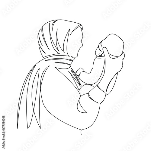 One continuous single drawing line art doodle parent, woman, muslim, people, islam, mom, motherhood. Isolated flat illustration hand draw contour on a white background
