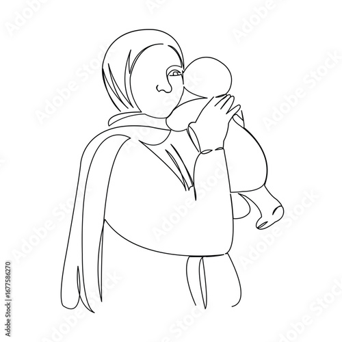One continuous single drawing line art doodle woman, muslim, female, child, arab, islamic. Isolated flat illustration hand draw contour on a white background
