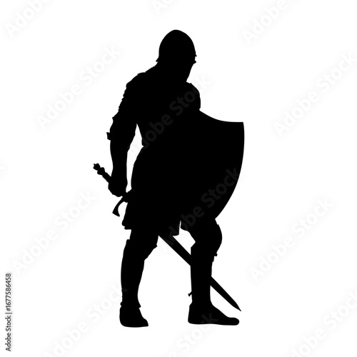 knight with a sword and shield silhouette - vector illustration