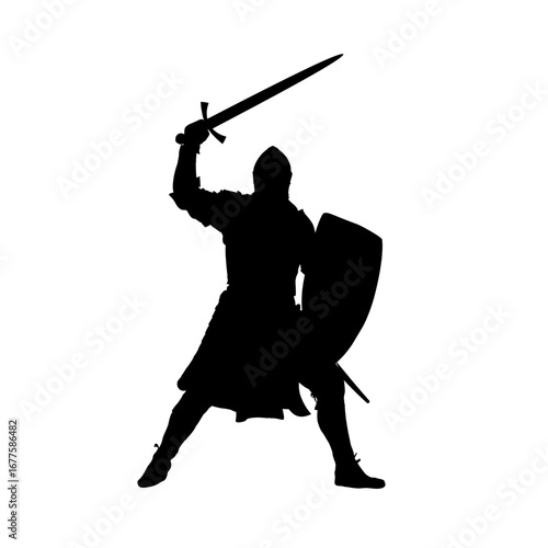 knight with a sword and shield silhouette - vector illustration