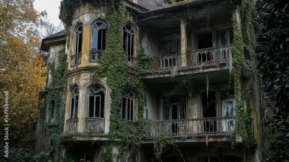 Fototapeta premium A dilapidated, overgrown mansion with ivy covering its facade, showcasing a hauntingly beautiful blend of nature and decay.