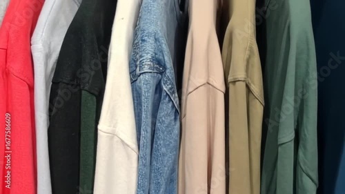 Colorful clothes hanging in closet