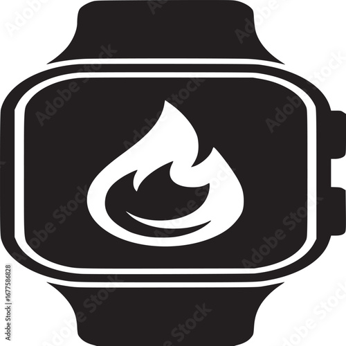 A black smartwatch with a white flame icon displayed on its screen against a white background design
