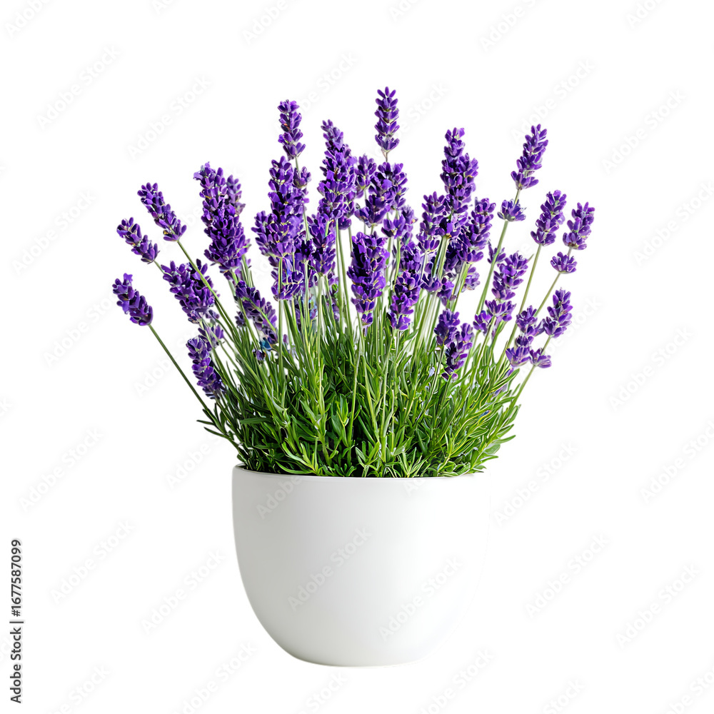 Fototapeta premium Purple lavender flowers in a modern white pot, isolated on black.