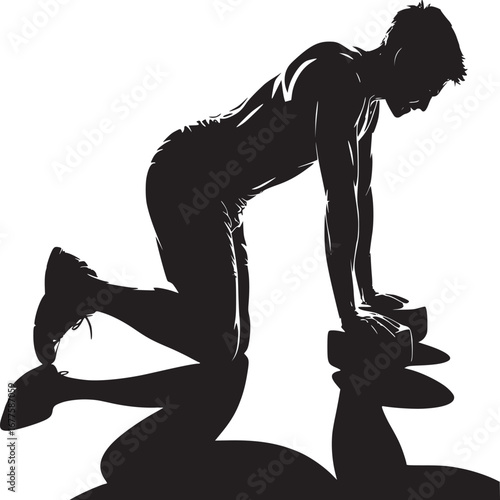 Silhouette of man doing pushups on blocks against a white background in a fitness setting indoors