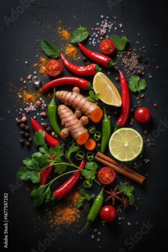 A variety of vegetables and spices on a black background