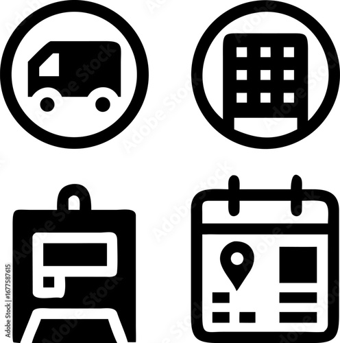 Delivery schedule and online booking for business travel and services, modern icon style