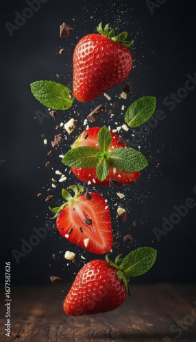 Fresh strawberry with chocolate and mint on dark background