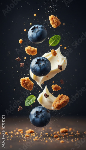 Flying blueberries with cream and chocolate on dark background photo
