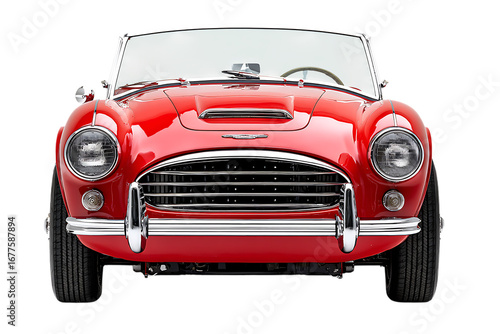 Front view of a shiny red vintage convertible sports car.