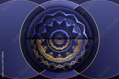 Intricate mandala design with symmetrical concentric blue and gold circles star like details on dark background spiritual decorative artwork for calming meditation and yoga wall decor