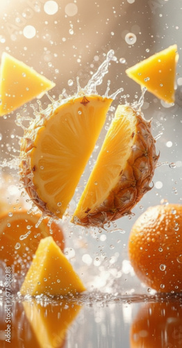 Oranges falling into a glass of water