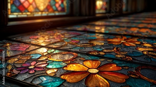 Close-up of colorful stained glass window illuminated by sunlight casting intricate patterns and vibrant reflections, showcasing artistic glasswork and cultural heritage.