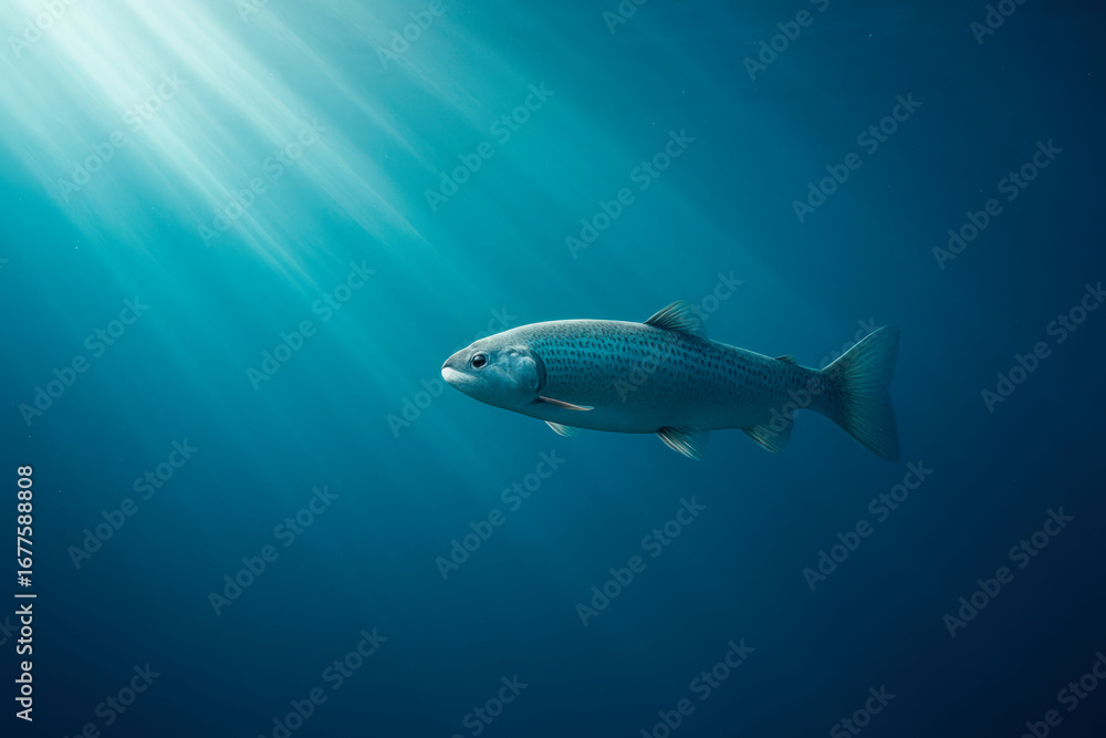 Naklejka premium Fish under the sun's rays in the ocean. Space for text.