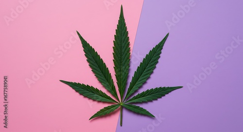 Artistic botanical composition with cannabis leaf on pink and purple background