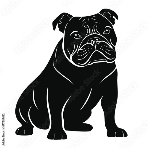 Sitting Bulldog Silhouette Vector | Wrinkled Face with Prominent Underbite Black and White Illustration