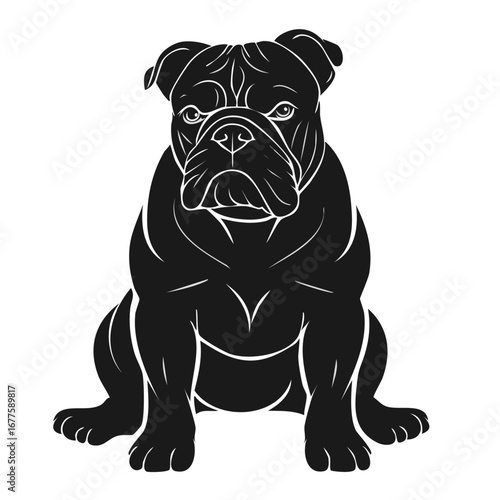 Sitting Bulldog Silhouette Vector | Wrinkled Face with Prominent Underbite Black and White Illustration